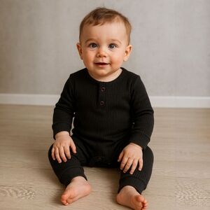 Baby Boy Girl Ribbed Black Long Sleeve Front Button Jumpsuit Cotton One Piece
